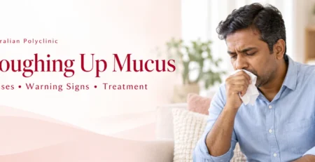Man coughing into a tissue, illustrating a patient guide to coughing up mucus.