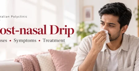 Post-nasal drip patient guide with a man holding a tissue.