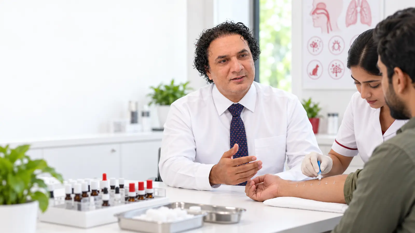 Dr G Sarwar Chaudhry supervising skin prick allergy testing at Australian Polyclinic Lahore