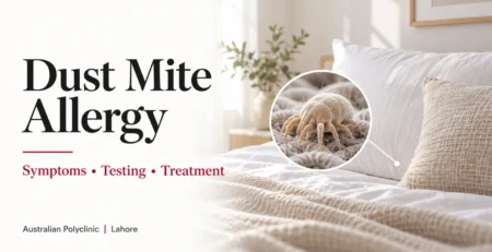 Dust mite allergy guide with clean bedding and a magnified mite illustration