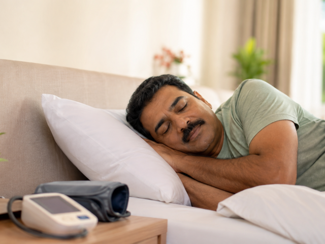 Man sleeping beside a blood pressure monitor, illustrating the link between sleep apnea and high blood pressure.