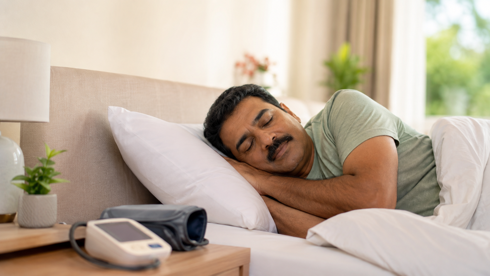 Man sleeping beside a blood pressure monitor, illustrating the link between sleep apnea and high blood pressure.