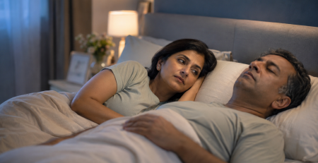 Woman lying awake beside her sleeping partner, showing how sleep apnea can disturb a partner’s sleep.