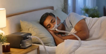 Man sleeping comfortably on his side while using a CPAP machine for sleep apnea treatment.