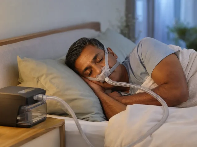 Man sleeping comfortably on his side while using a CPAP machine for sleep apnea treatment.