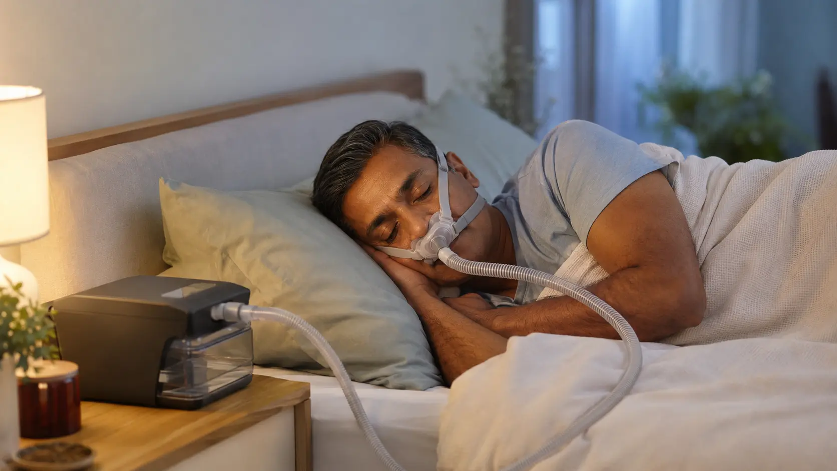 Man sleeping comfortably on his side while using a CPAP machine for sleep apnea treatment.
