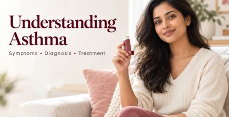 Illustrative image of a woman holding an inhaler beside the words Understanding Asthma.
