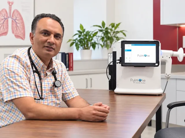 Dr G Sarwar Chaudhry with PulmOne pulmonary function testing equipment at Australian Polyclinic Lahore