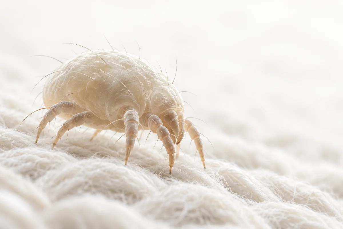 Photo-style illustration of a pale house dust mite on fabric fibres