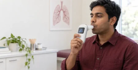 Patient performing a FeNO exhaled nitric oxide breath test