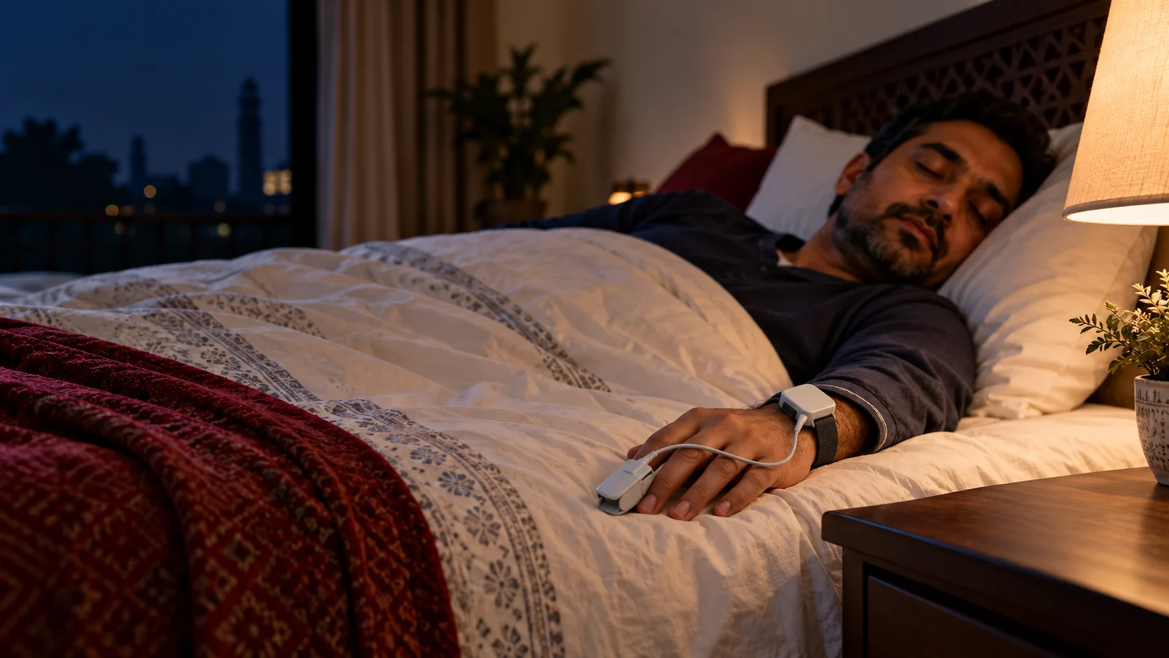 Adult sleeping with a wrist-worn overnight oximetry recorder connected to a finger sensor