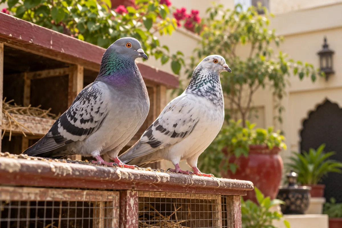 Two pigeons in an outdoor aviary, illustrating bird exposure relevant to bird fancier’s lung
