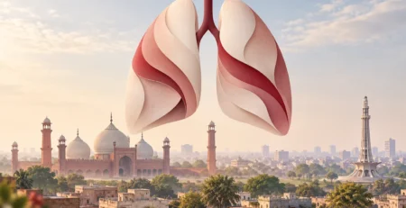 Symbolic lung-health illustration above a Lahore skyline with Badshahi Mosque and Minar-e-Pakistan.