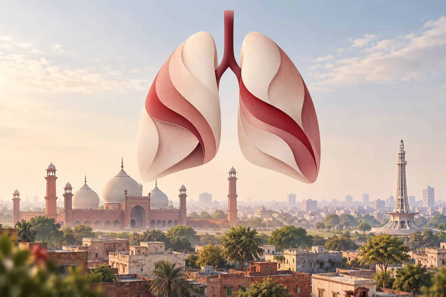 Symbolic lung-health illustration above a Lahore skyline with Badshahi Mosque and Minar-e-Pakistan.