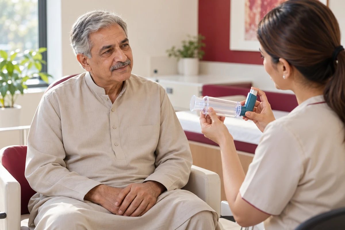 Illustration of an older adult discussing inhaler and spacer use with a healthcare professional