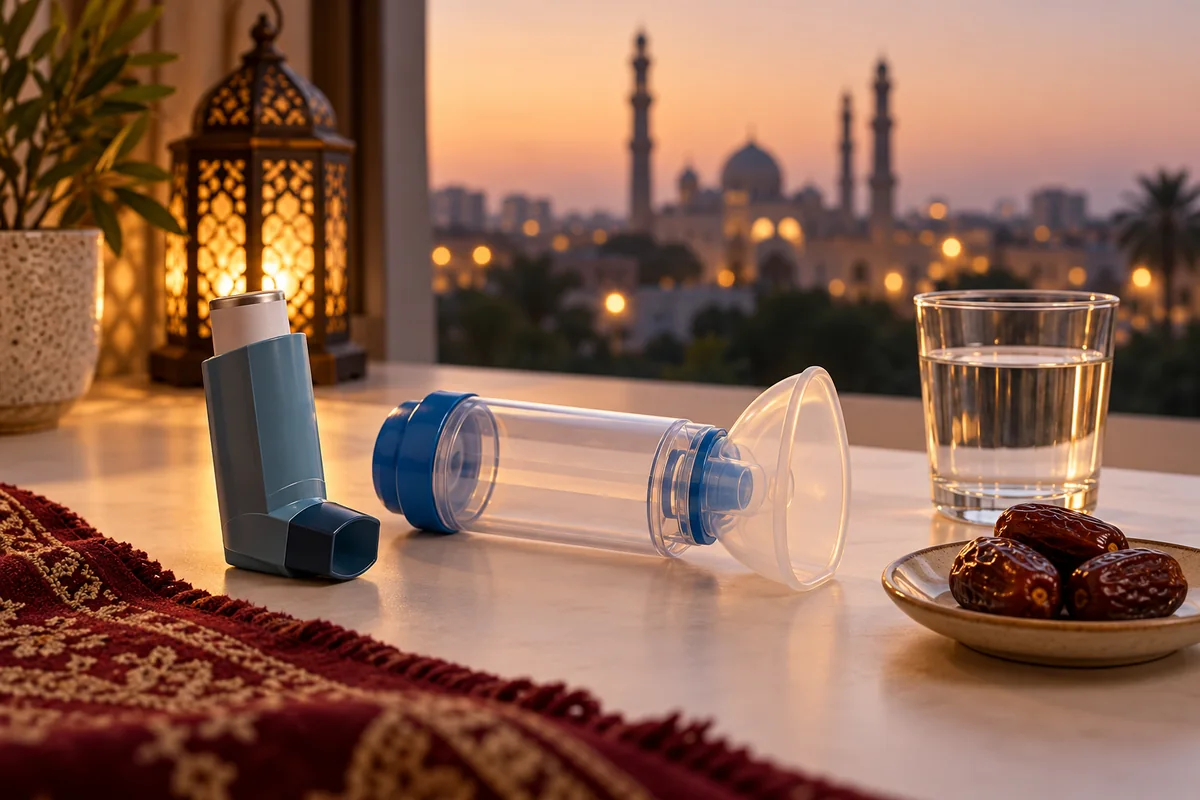 An unbranded inhaler and spacer beside water and dates at sunset, illustrating Ramadan treatment planning