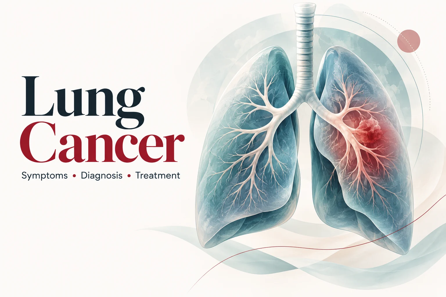 Illustration of lungs with a highlighted lesion beside the title Lung Cancer