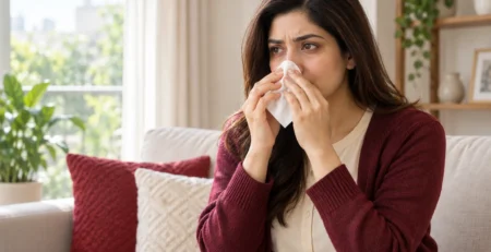 Woman holding a tissue near her nose, illustrating nasal allergy symptoms.