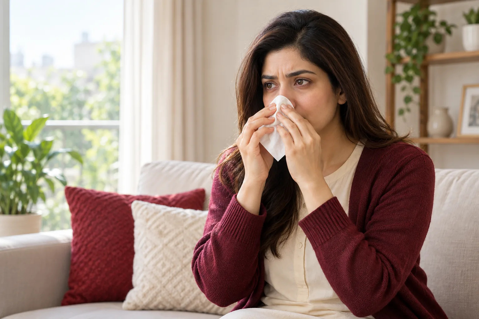 Woman holding a tissue near her nose, illustrating nasal allergy symptoms.