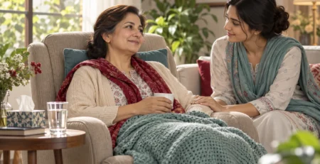 Illustration of a South Asian woman resting at home with support from a family member