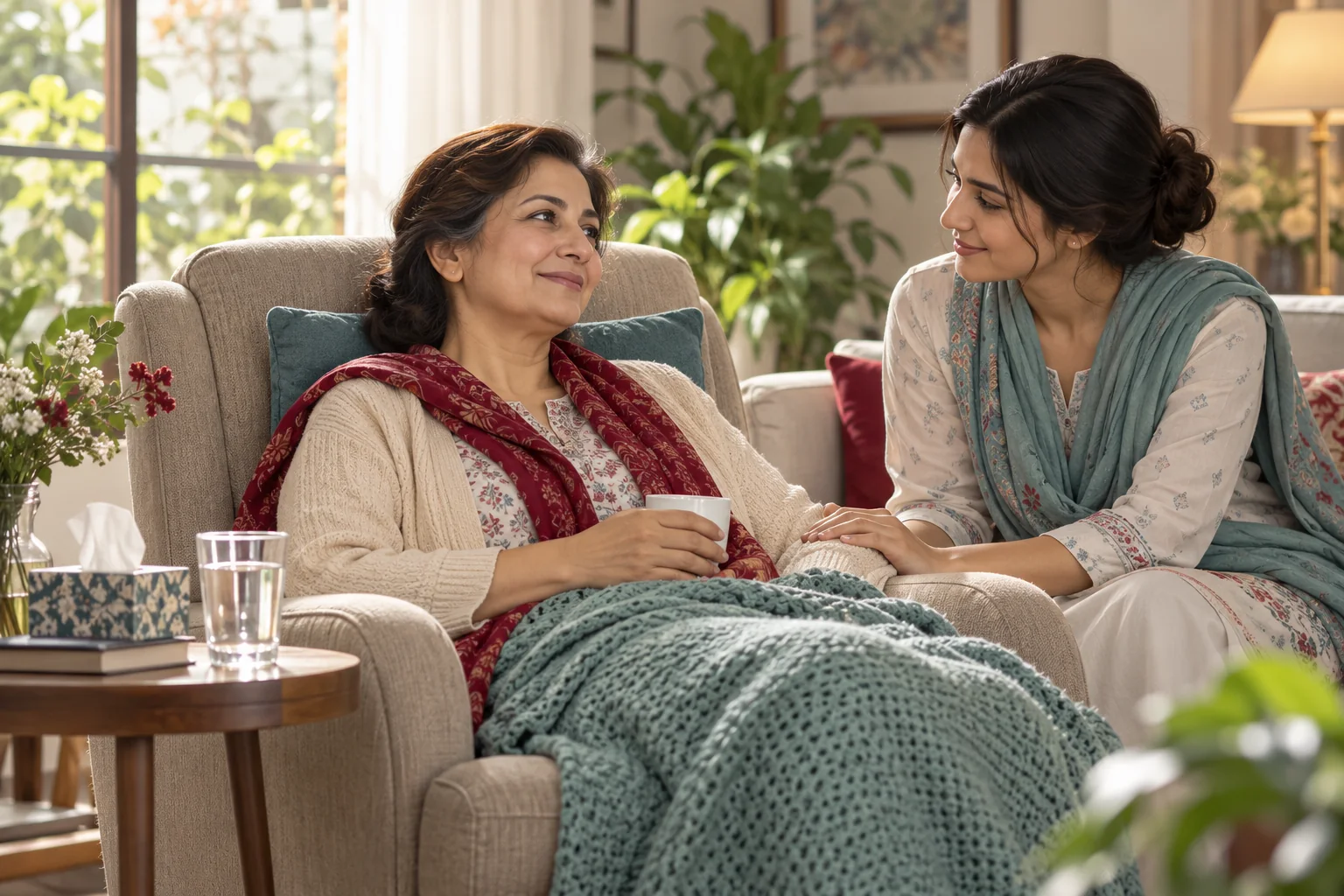 Illustration of a woman resting at home with support from a family member