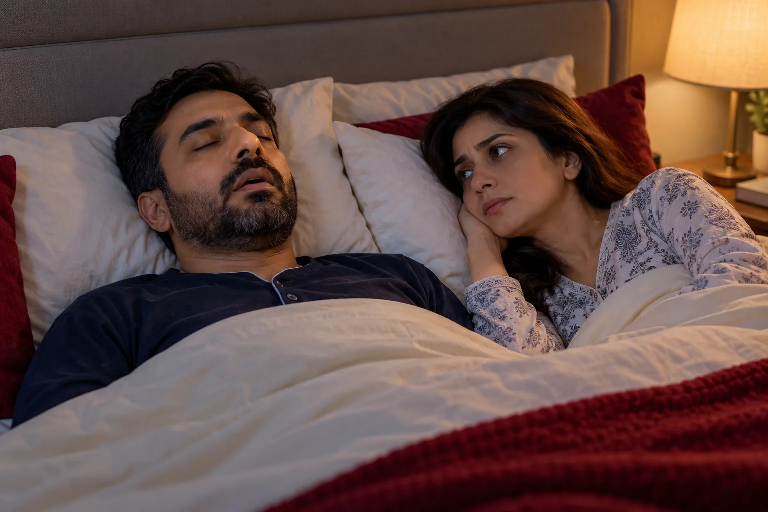 Man asleep beside his awake partner, illustrating how snoring can affect shared sleep.