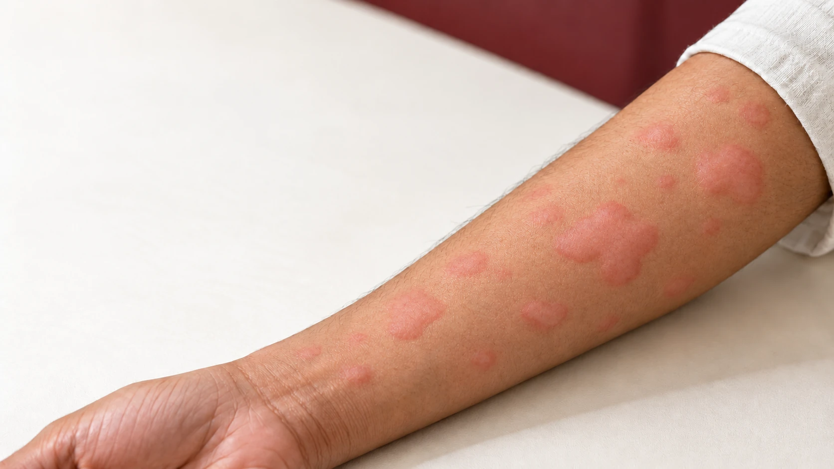 Illustration of irregular, raised urticarial wheals of varying sizes on an adult forearm